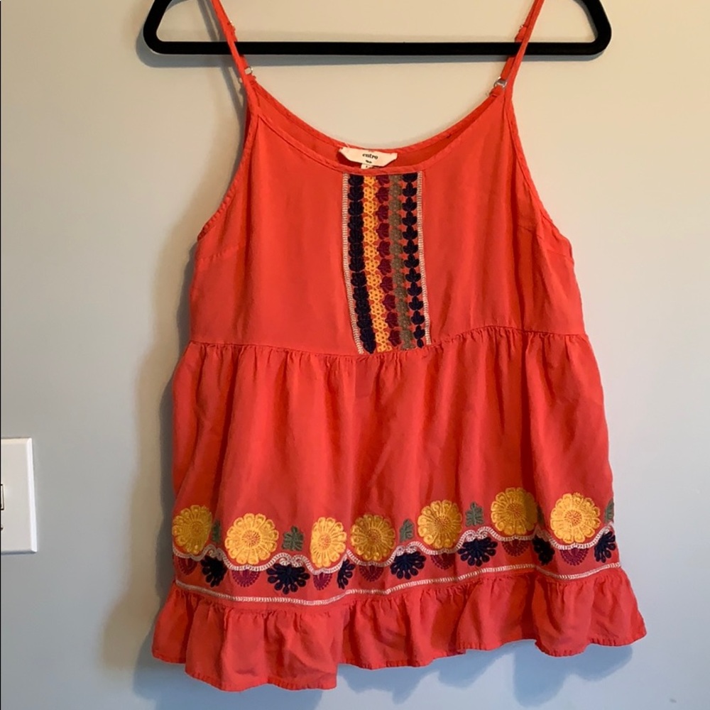 Spaghetti Strap Dark Coral Top Floral Embroidery